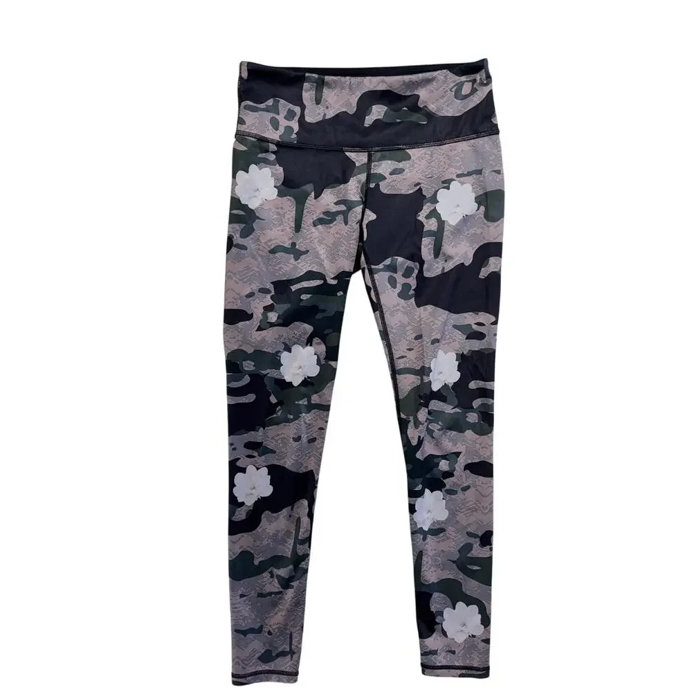 Noli Leggings Womens Large  Black Gray Camo Floral Yoga Training Active USA Made